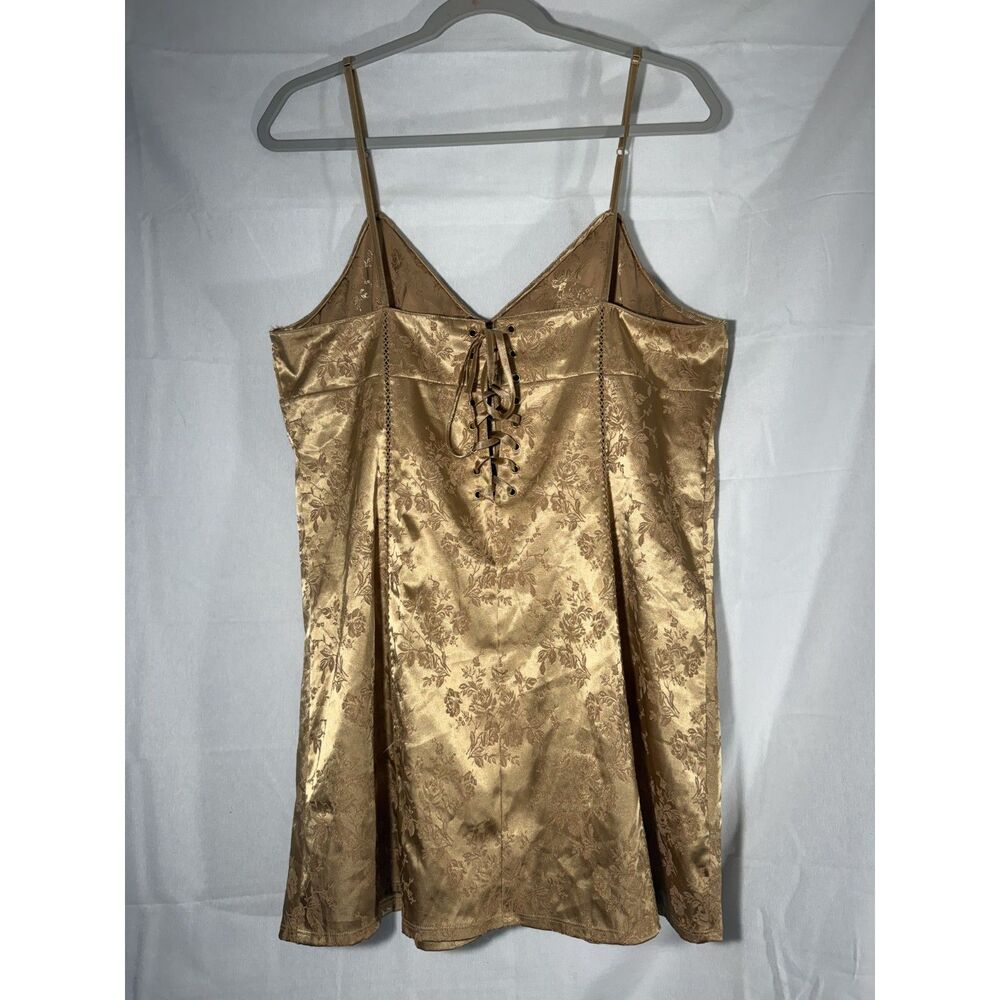 vintage Y2K Gold Floral Jacquard Satin Corset Lace-Up Slip Mini Dress Tagless